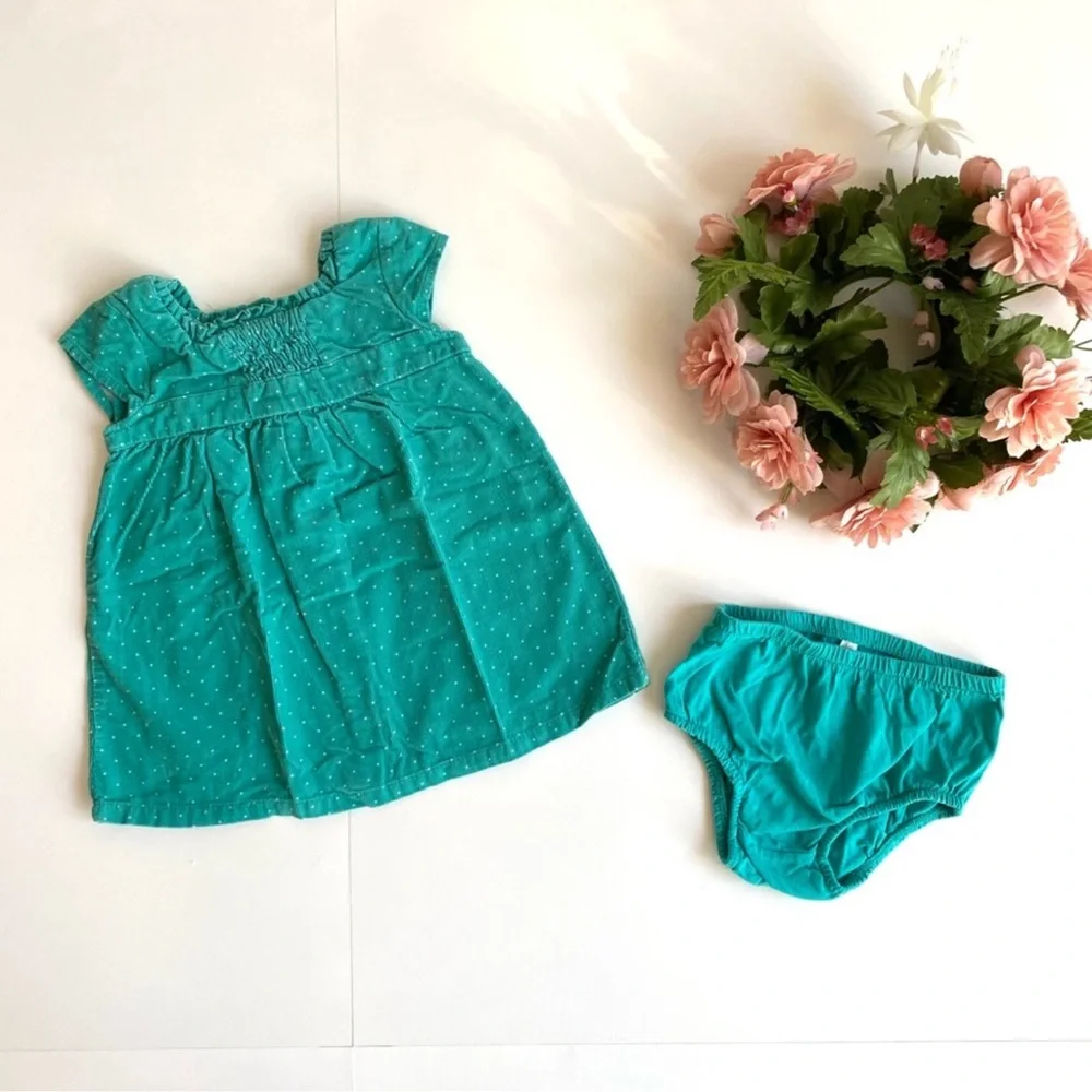 Cherokee Green Dots Print Corduroy Baby Girl Dress 2pcs Matching Set